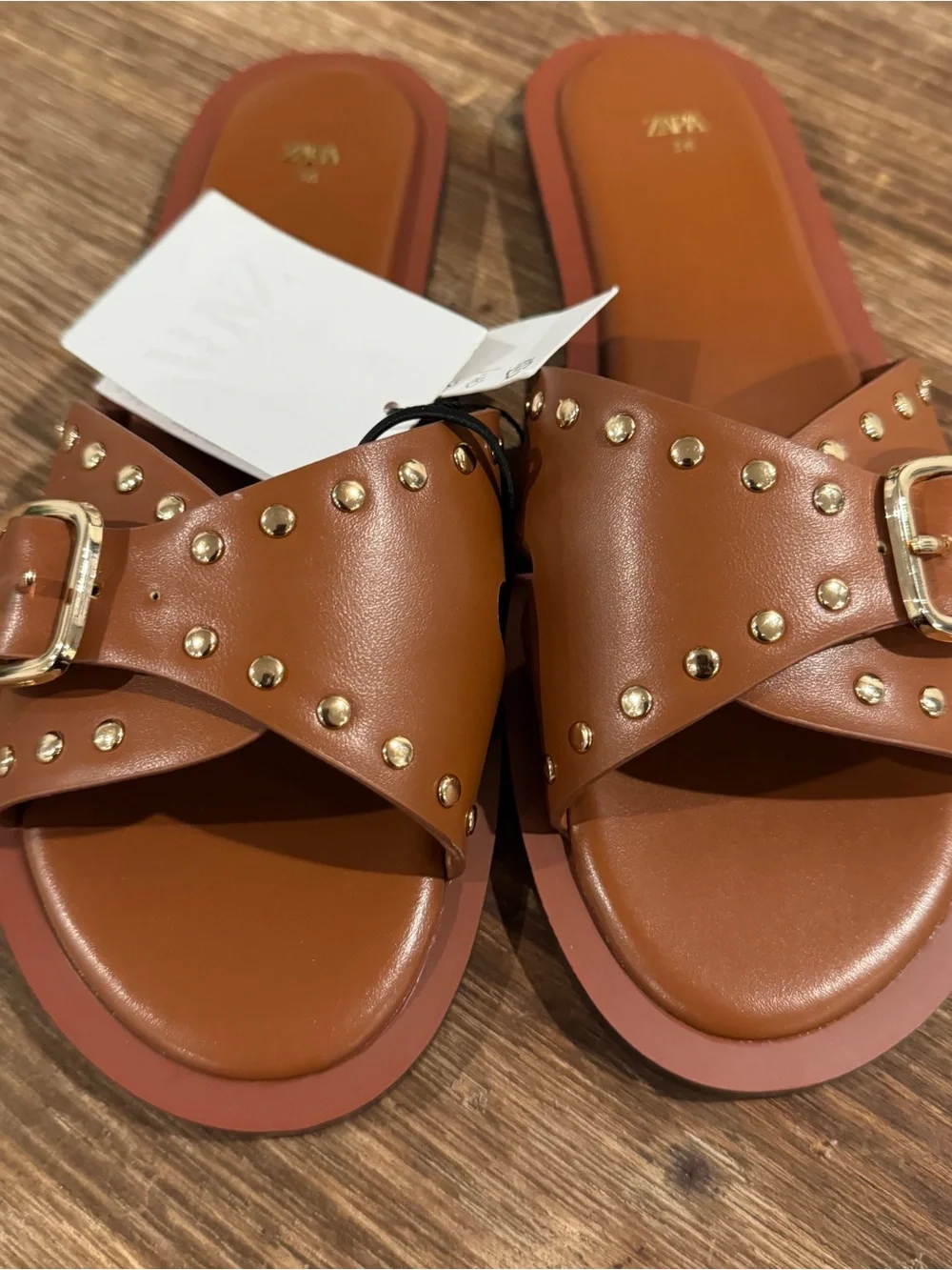 Zara Tan Brown Studded Slide Sandals with Gold Buckle